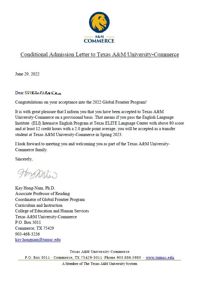 Texas A&M Admission Letter